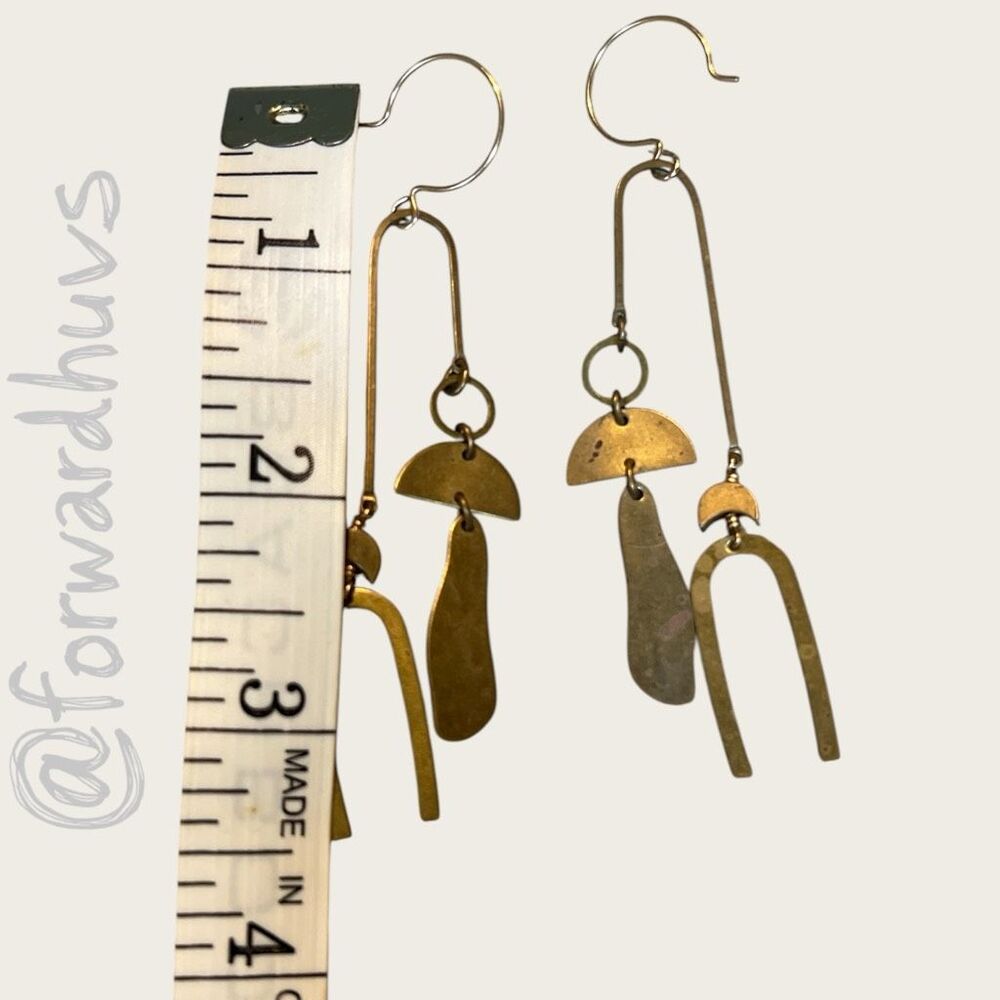 Vintage Handcrafted Brass Modernist Statement Dangle Earrings 3.5” - Picture 5 of 6